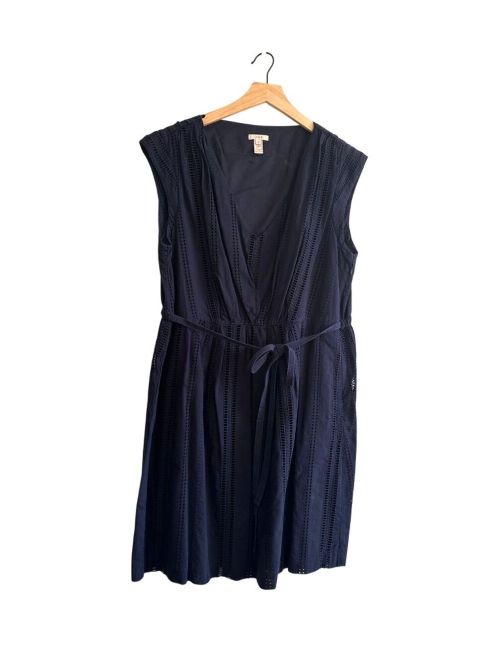 J.Crew Shelby Eyelet Dress Navy Blue Size 14 V-Neck Cap Sleeve A-Line Poplin